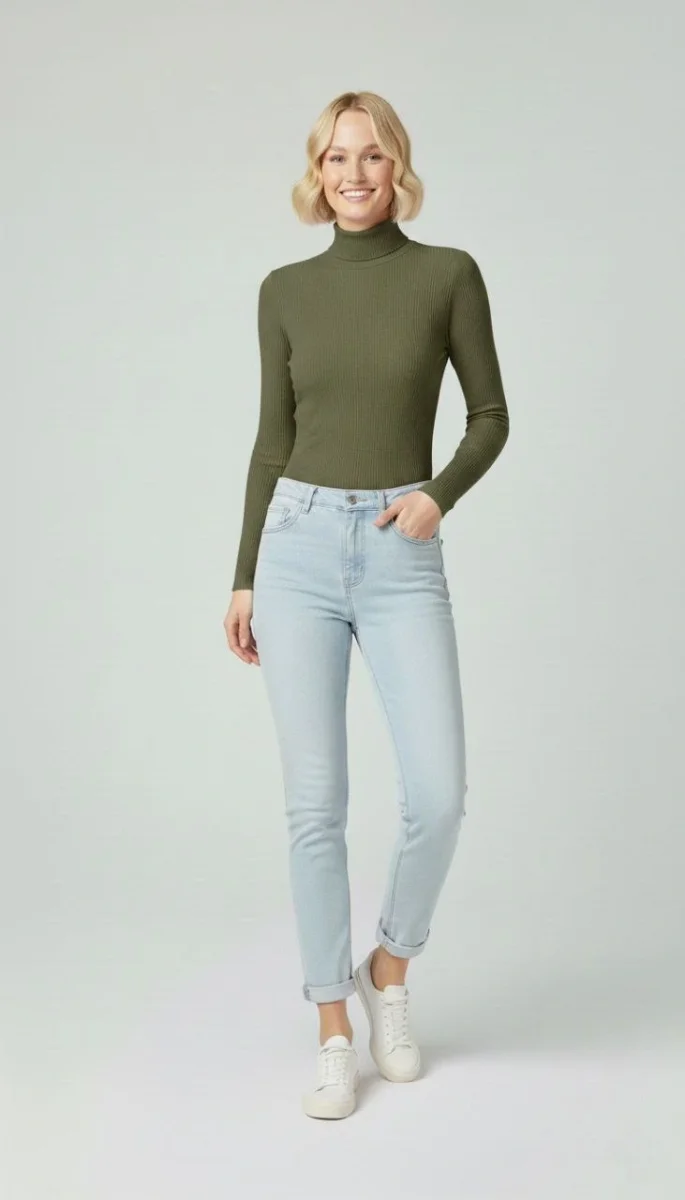 Tam Boğazlı Fitilli Likrali Kaşkorse Badi İnce Uzun Kollu Rahat Kazak - Haki