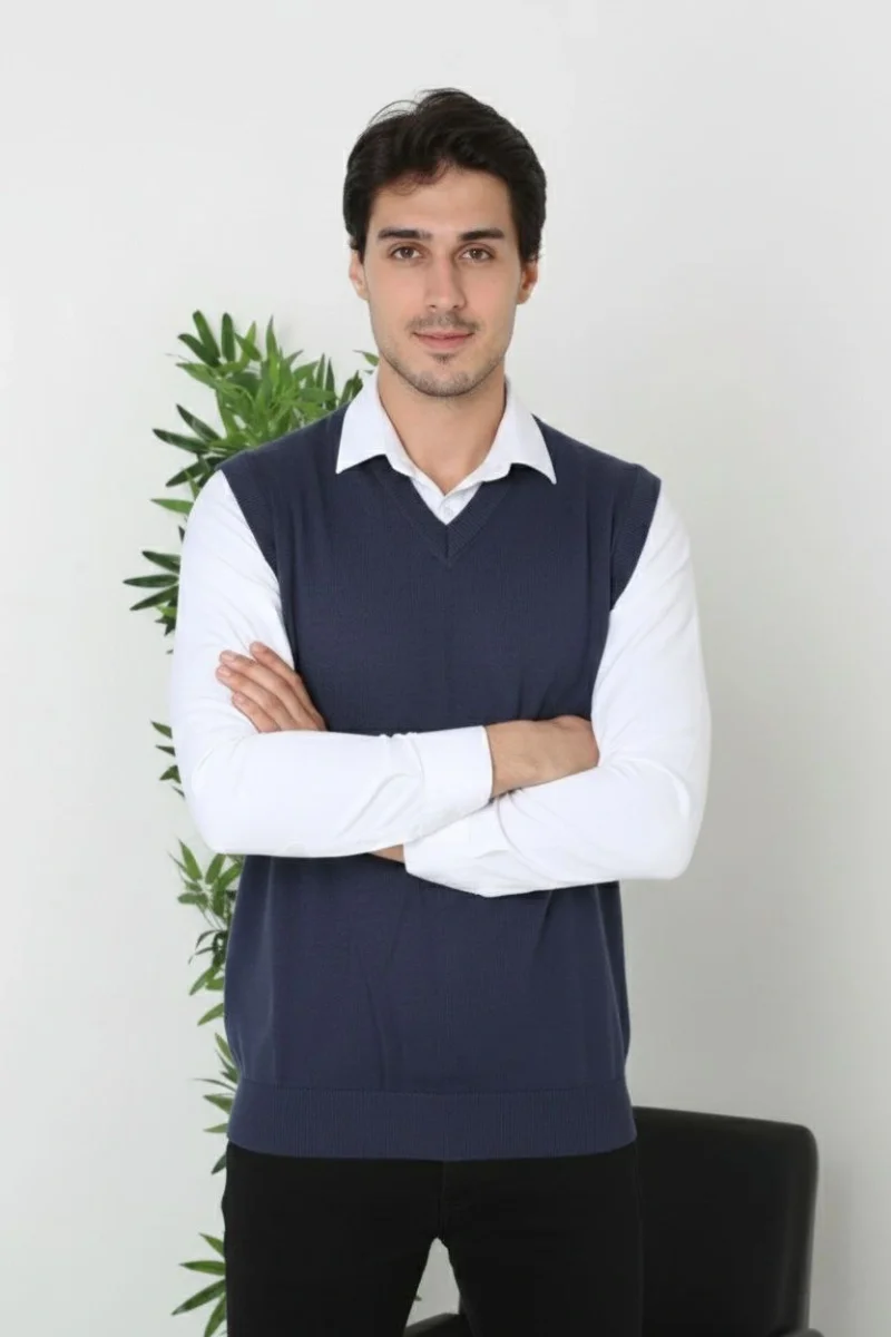 V Yaka Kolsuz Süveter Triko Kazak yumuşak dokulu Pamuklu ince Dokuma Rahat Regular kalıp - Lacivert