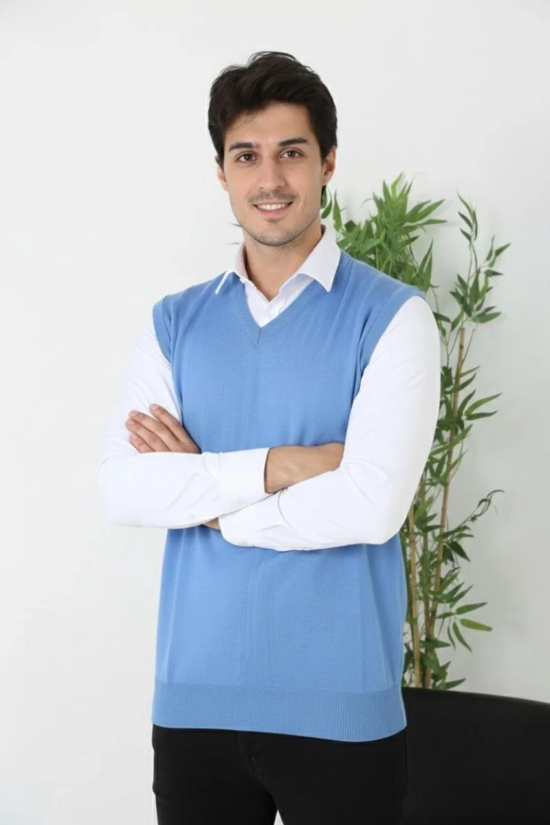 V Yaka Kolsuz Süveter Triko Kazak yumuşak dokulu Pamuklu ince Dokuma Rahat Regular kalıp - Mavi