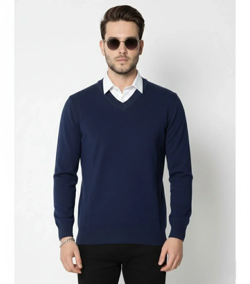 V Yaka Triko Kazak yumuşak dokulu Pamuklu ince Dokuma, uzun kollu Rahat Regular kalıp - Lacivert