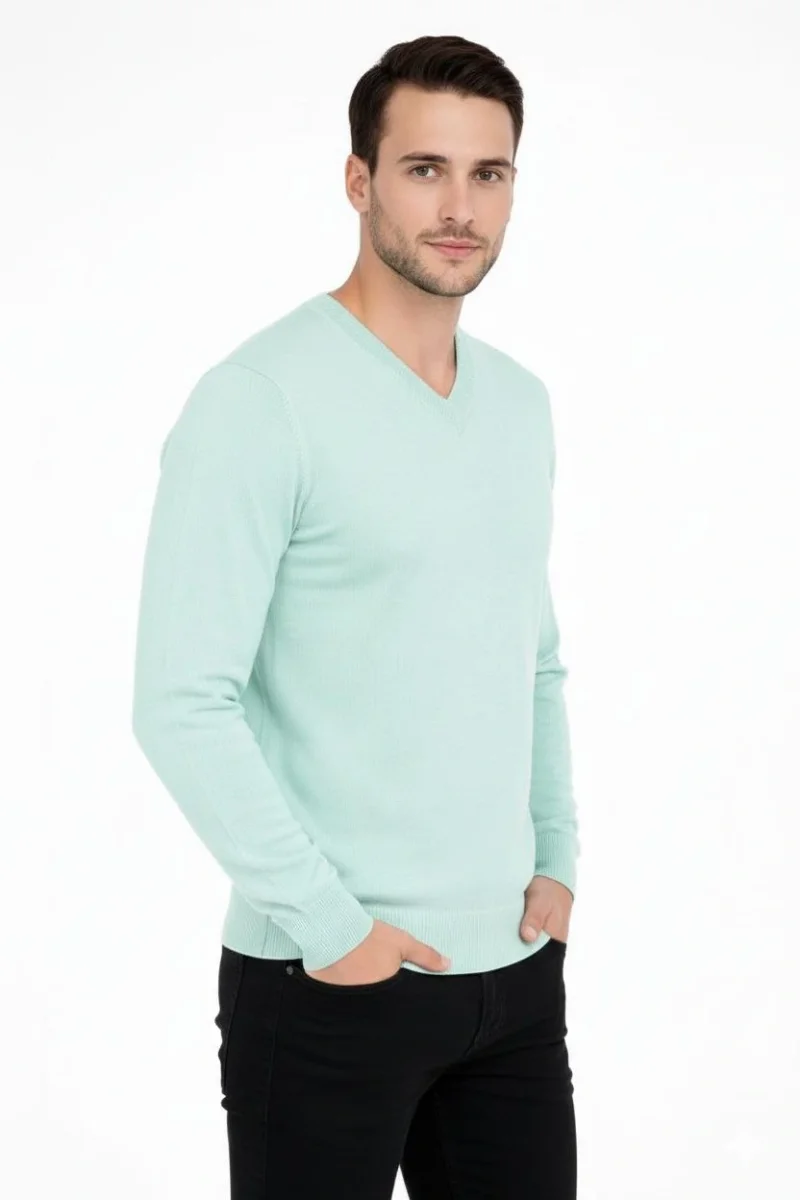 V Yaka Triko Kazak yumuşak dokulu Pamuklu ince Dokuma, uzun kollu Rahat Regular kalıp - Mint Yeşili