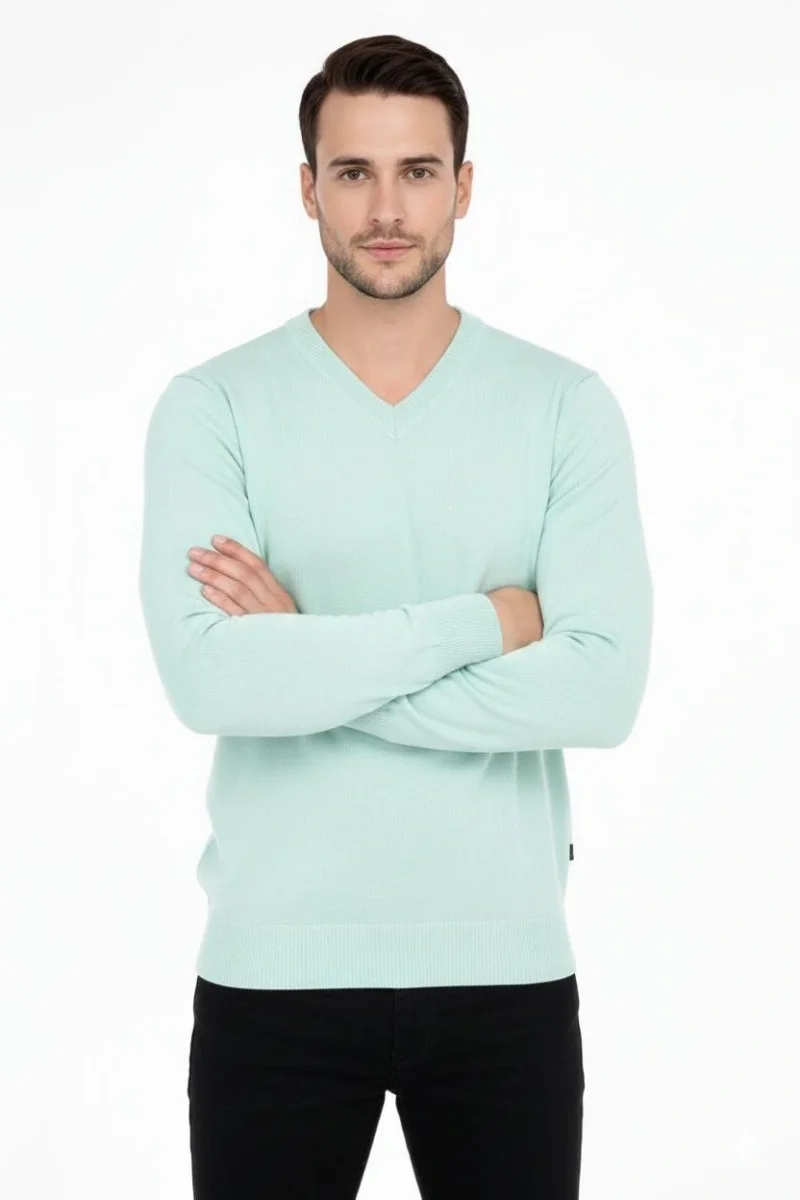 V Yaka Triko Kazak yumuşak dokulu Pamuklu ince Dokuma, uzun kollu Rahat Regular kalıp - Mint Yeşili