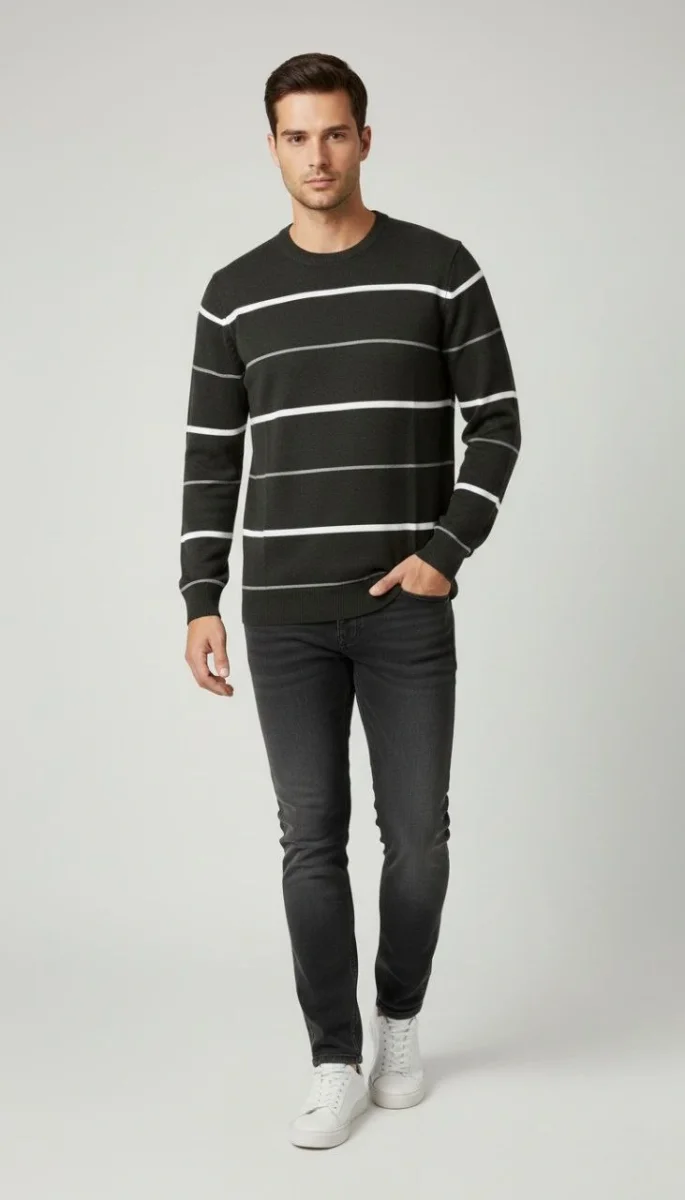 Bisiklet Yaka Cizgili Triko Kazak yumuşak dokulu Pamuklu ince Dokuma, uzun kollu Rahat Regular kalıp - Füme