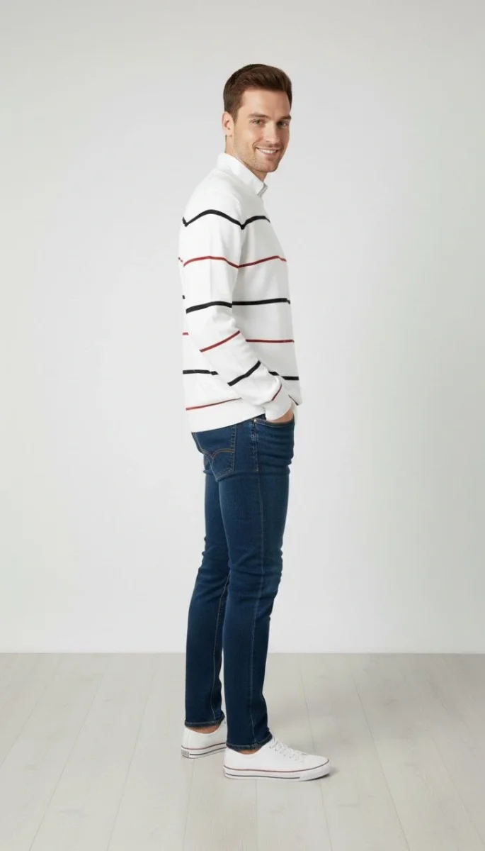 Bisiklet Yaka Cizgili Triko Kazak yumuşak dokulu Pamuklu ince Dokuma, uzun kollu Rahat Regular kalıp - Beyaz