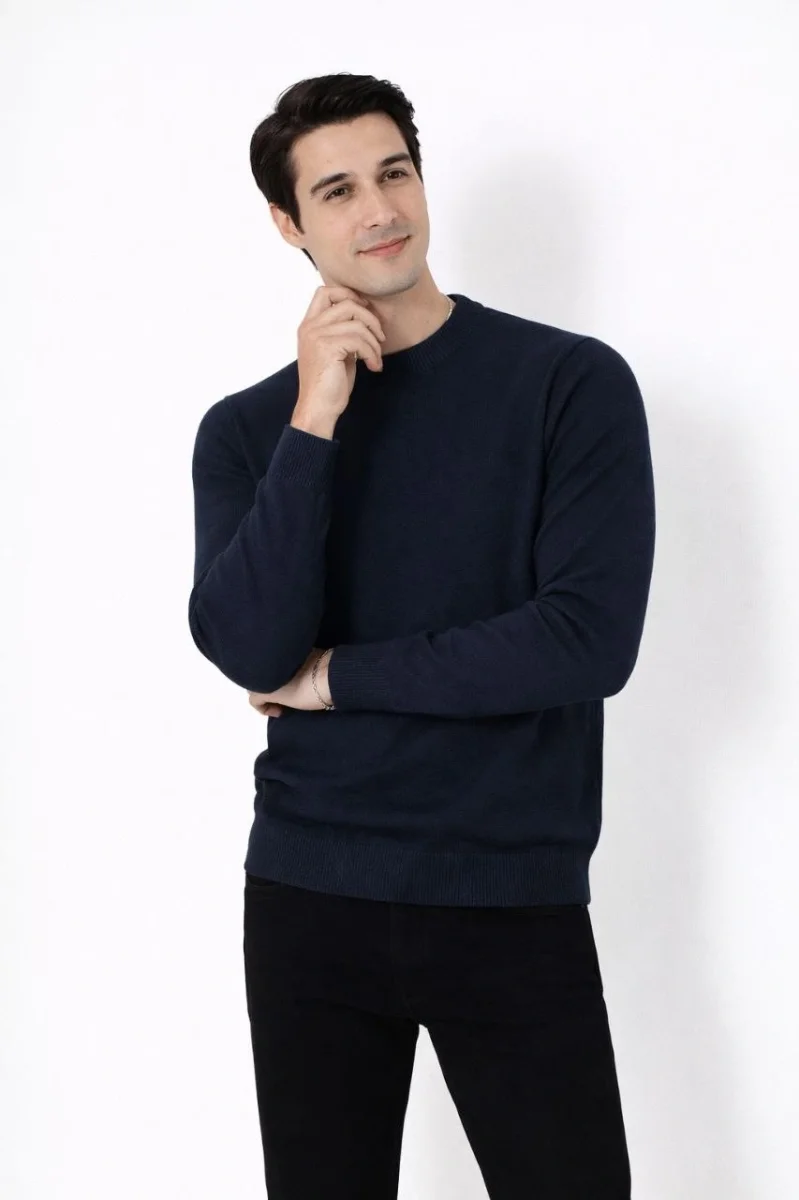 Bisiklet Yaka Triko Kazak yumuşak dokulu Pamuklu ince Dokuma, uzun kollu Rahat Regular kalıp - Lacivert