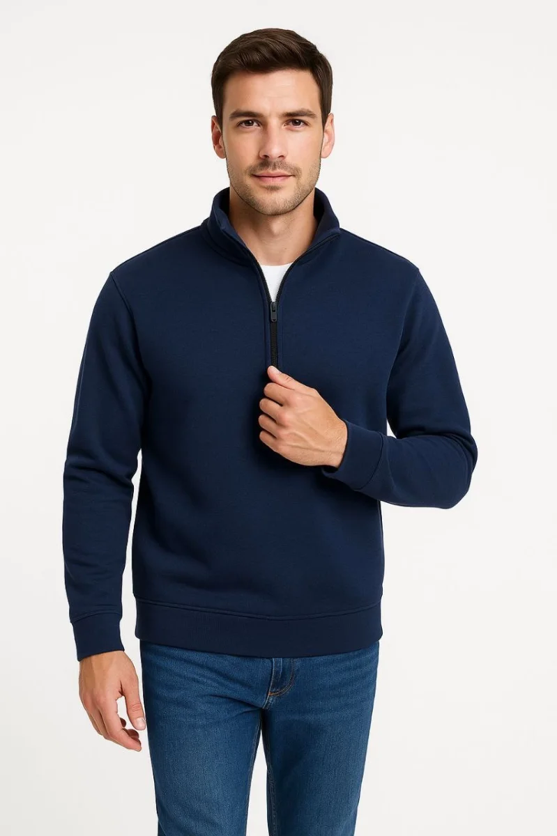 Dik Yaka Sweatshirt Dik Yaka Yarım Fermuarlı 3 İplik Şardonlu Pamuk Kumaş - Lacivert