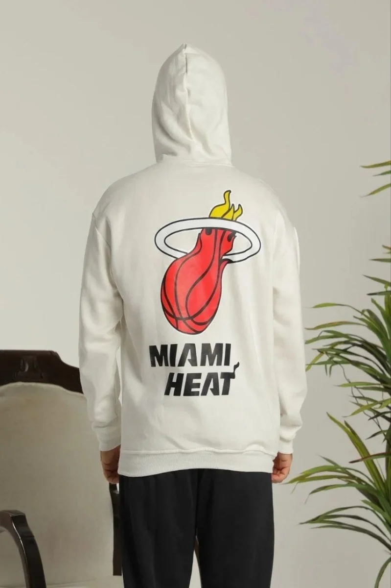 Sırt Baskılı Oversize Üç İplik Kapüşonlu Sweatshirt - Beyaz