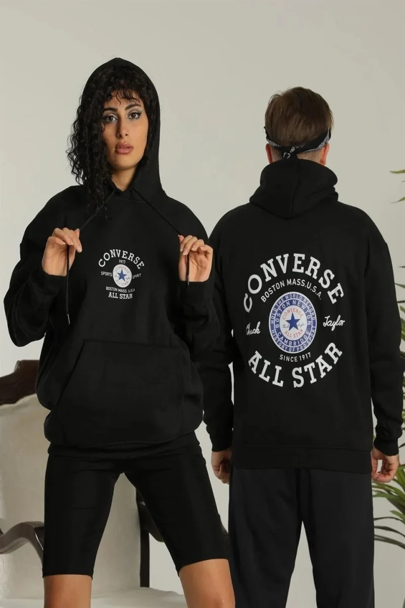 Sırt Baskılı Oversize Üç İplik Kapüşonlu Hoodie Sweatshirt - Siyah