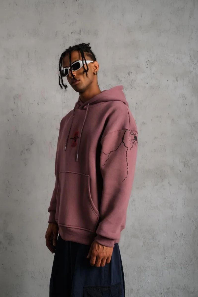 Maske Baskılı Kapüşonlu Sweat - Gül Kurusu