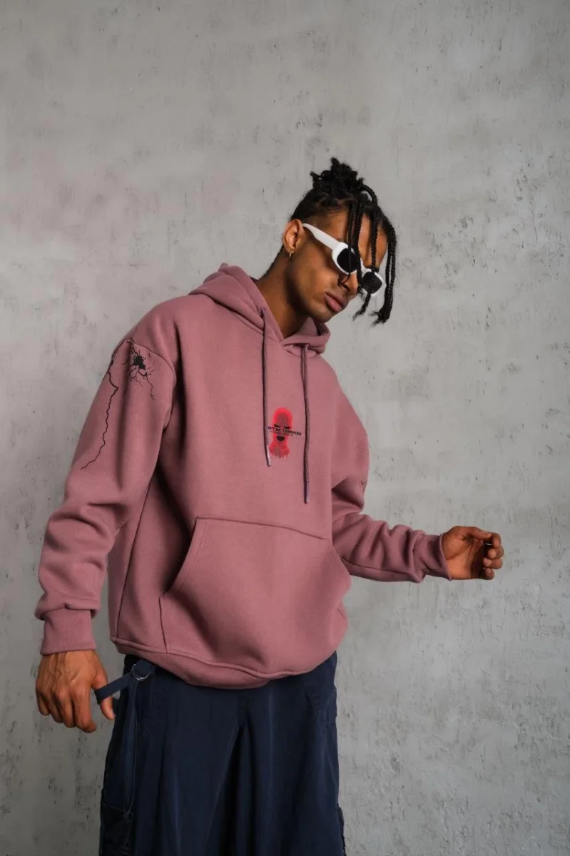 Maske Baskılı Kapüşonlu Sweat - Gül Kurusu