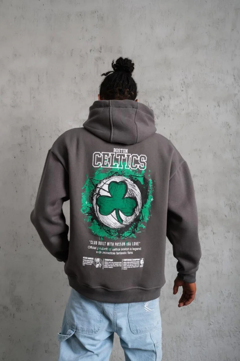 Baskılı Kapüşonlu ve Kordon İpli Sweat - Gri