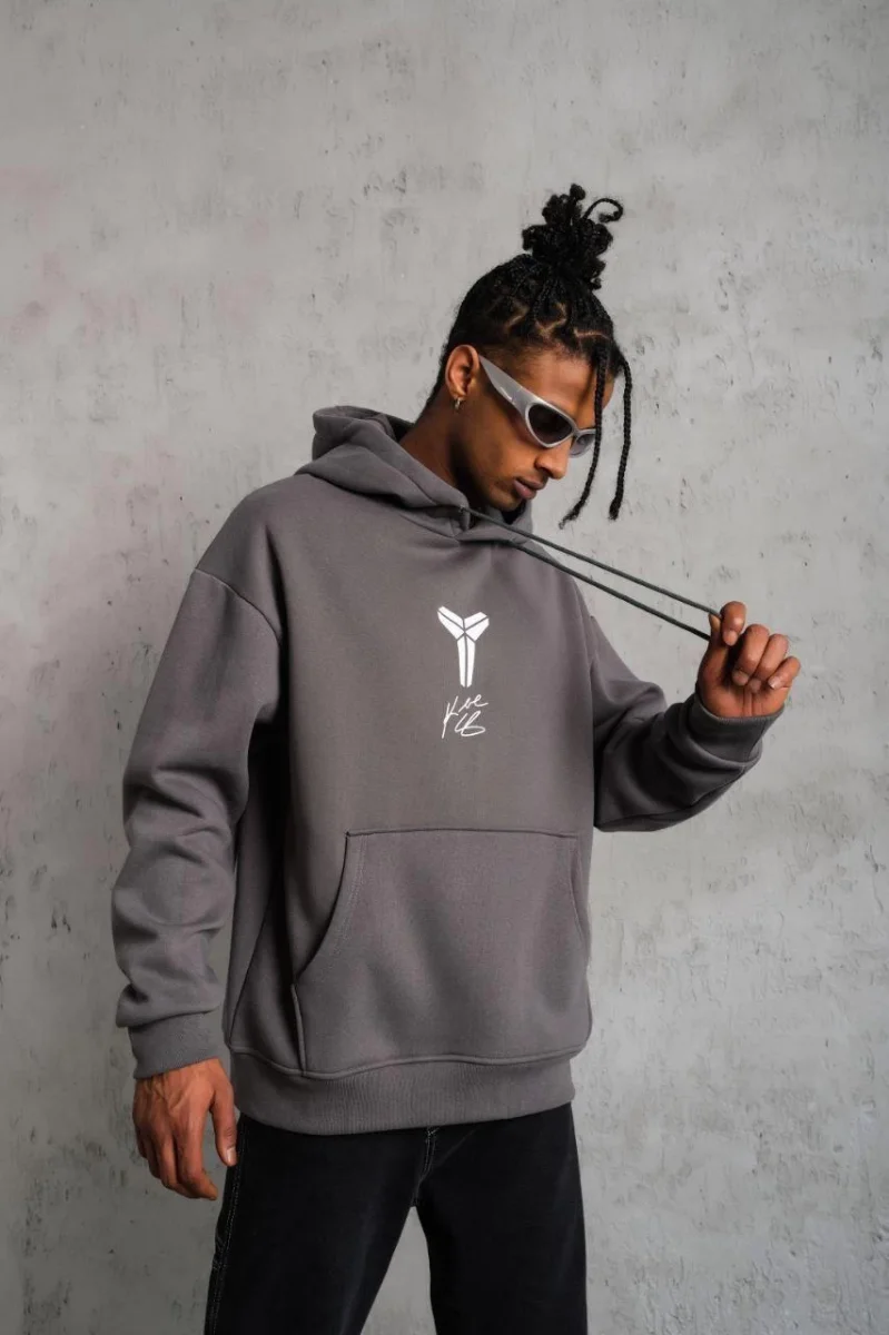 Baskılı Kapüşonlu Sweat - Gri