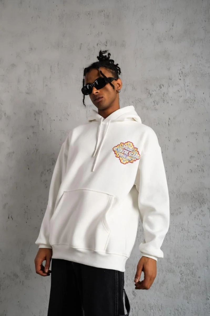 Kilim Desen Kapüşonlu Sweat- Beyaz