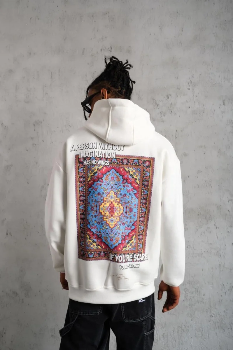 Kilim Desen Kapüşonlu Sweat- Beyaz