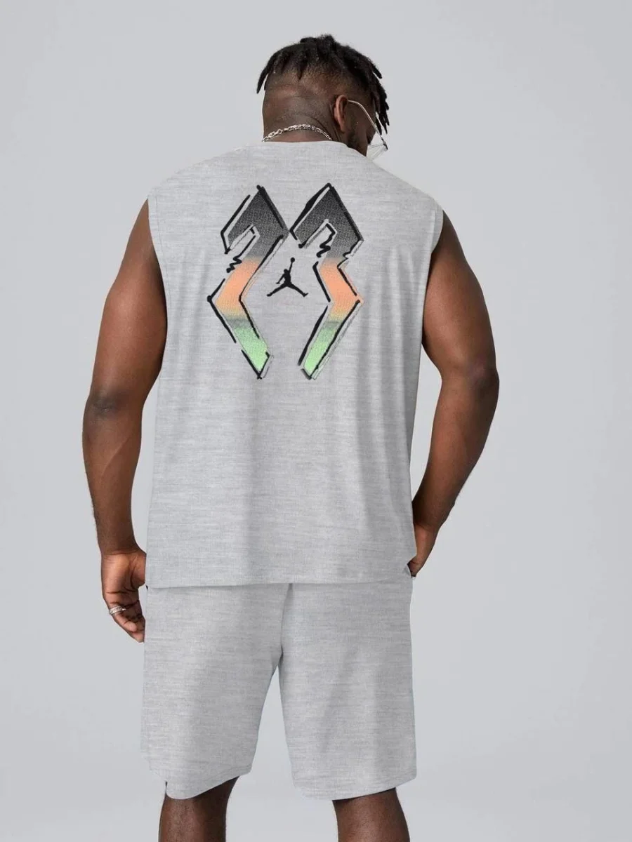 Sırt Baskılı Sıfır Kol İkili Şort Takım - Gri