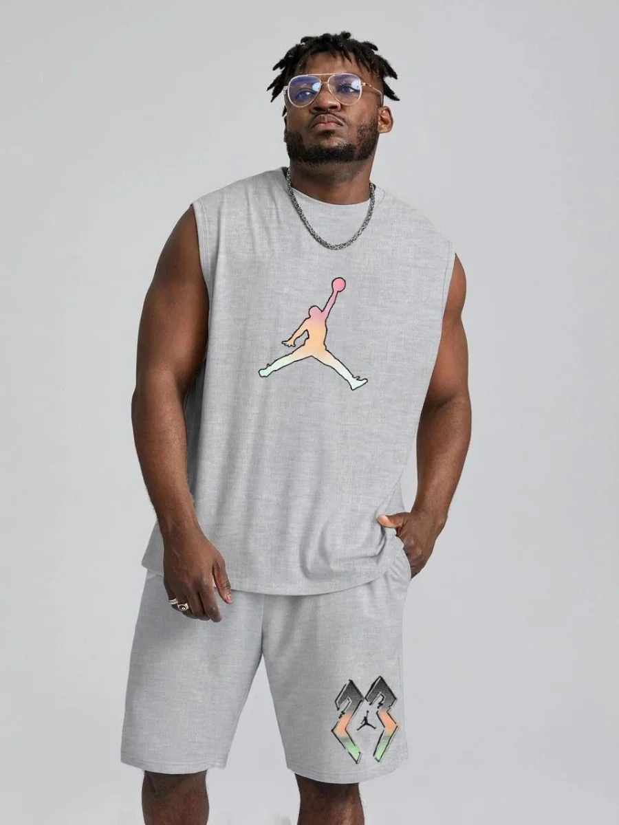 Sırt Baskılı Sıfır Kol İkili Şort Takım - Gri