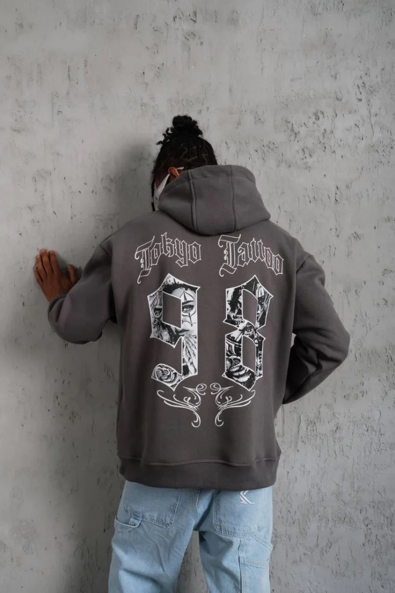 98 Baskılı Kapşonlu Sweat - Gri