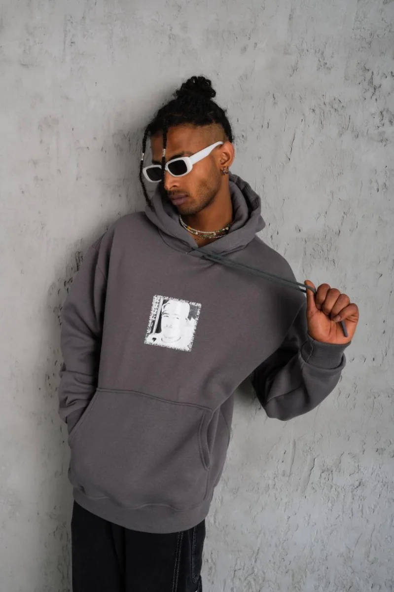 Ön Arka Baskılı Kapşonlu Sweat - Gri