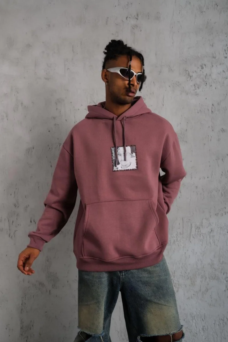 Ön Arka Baskılı Kapşonlu Sweat - Gül Kurusu