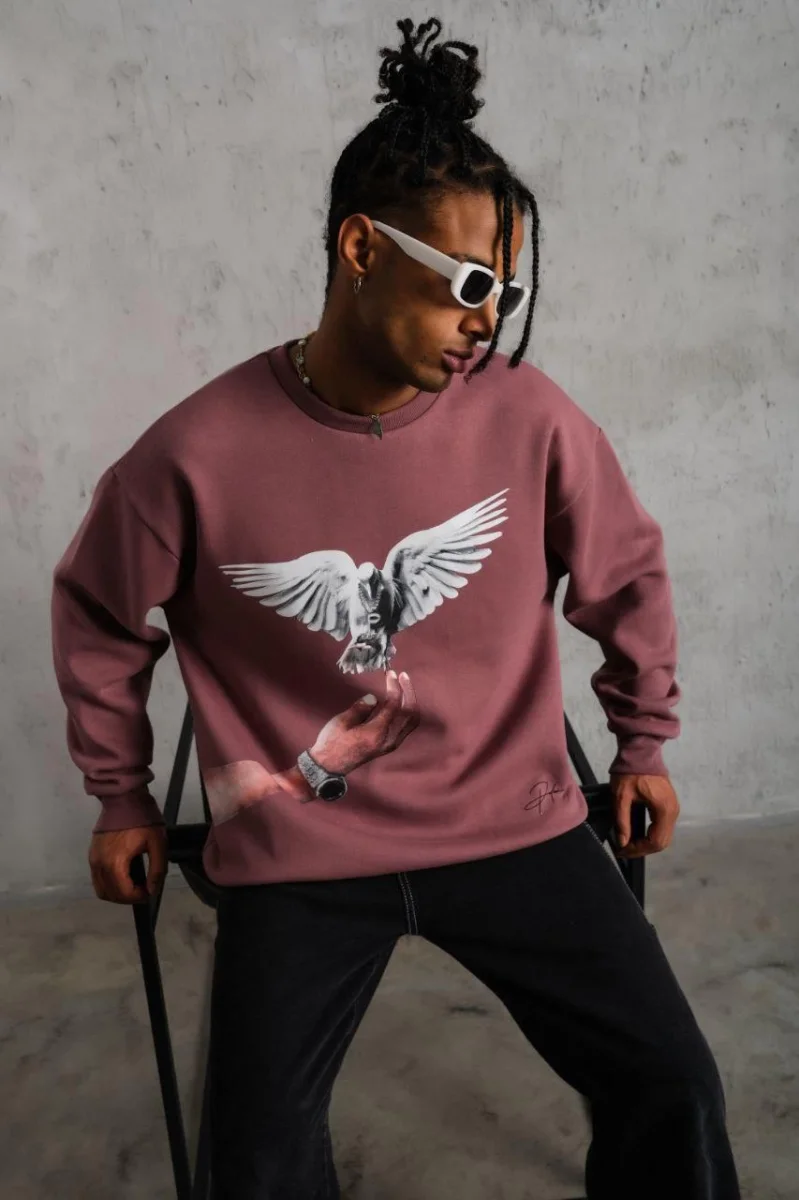 Güvercin Baskılı Sweatshirt - Gül Kurusu