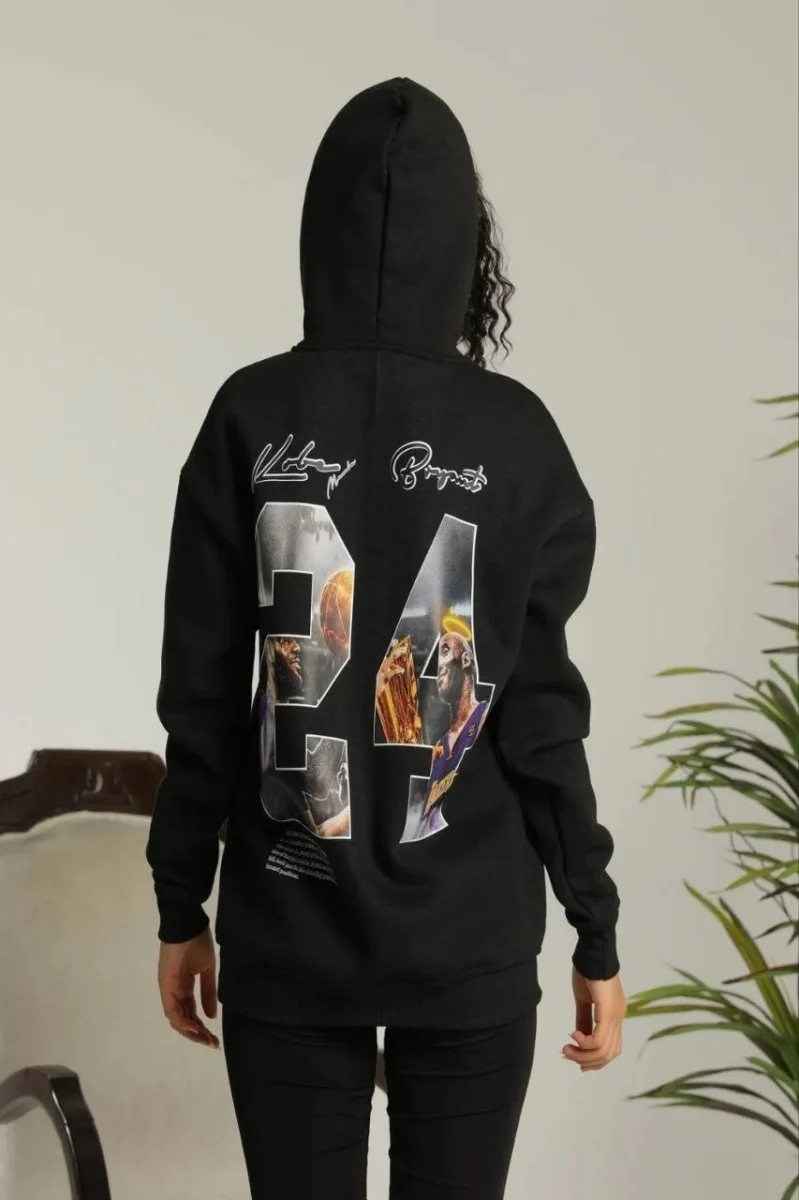 Baskılı Oversize Üç İplik Kapüşonlu Sweatshirt - Siyah