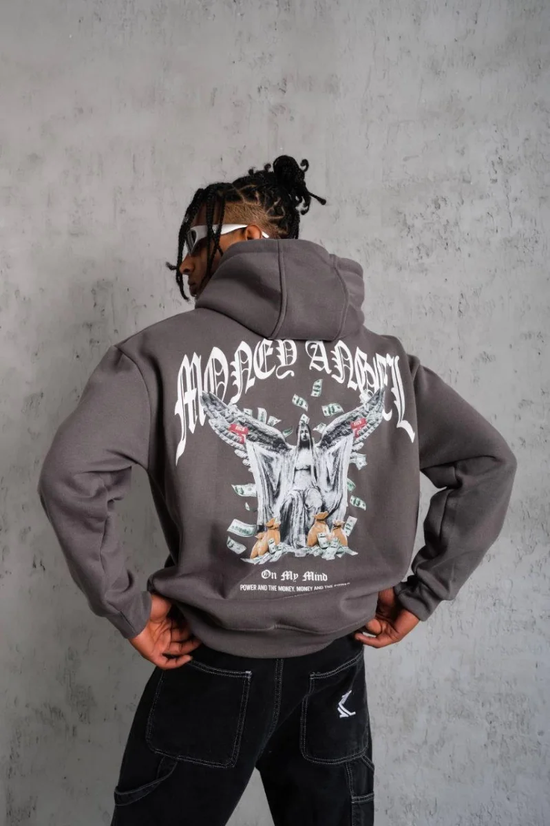 Kordon İpli Baskılı Kapüşonlu Sweatshirt - Füme