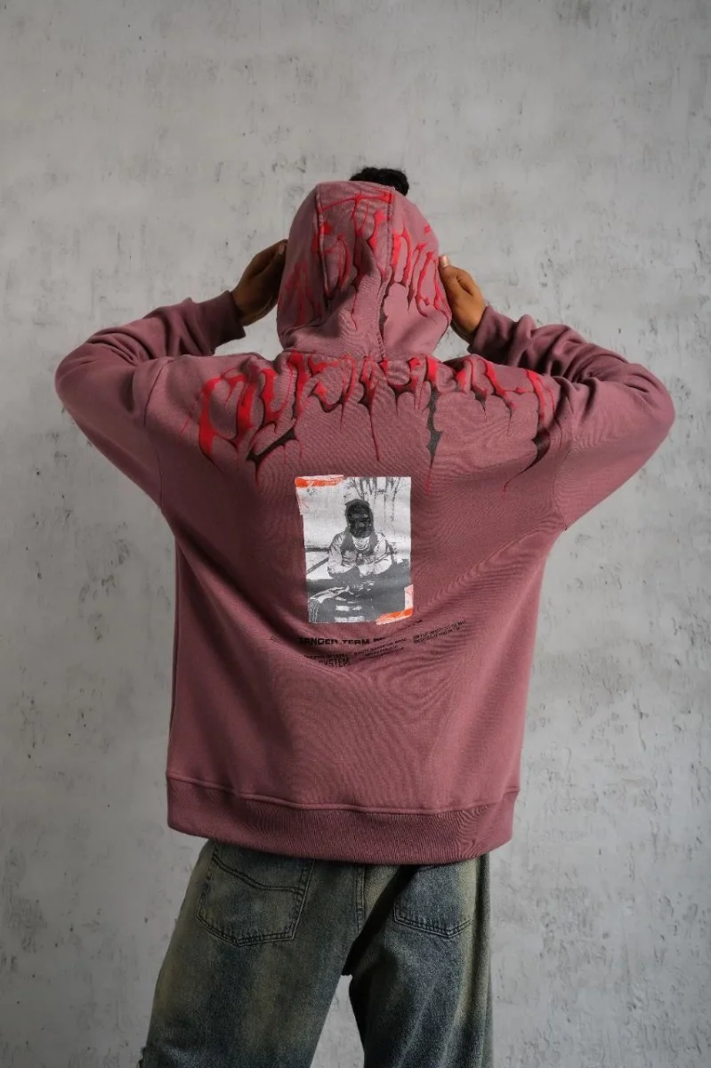 Ön ve Arka Baskılı Kapüşonlu 3 İplik Sweatshirt - Gül Kurusu