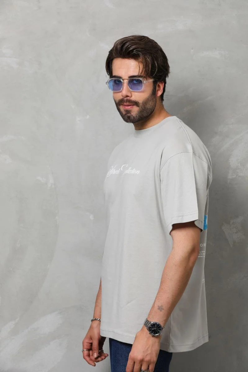 Bisiklet Yaka Baskılı Oversize T-Shirt - Gri