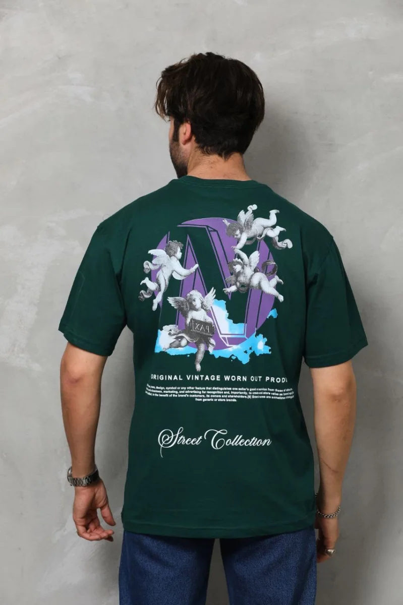 Bisiklet Yaka Baskılı Oversize T-Shirt - Yeşil