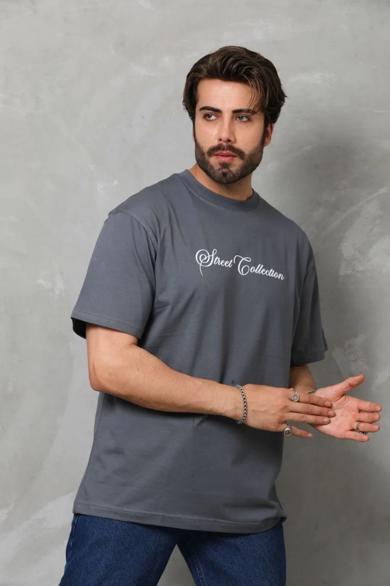 Bisiklet Yaka Baskılı Oversize T-Shirt - Füme