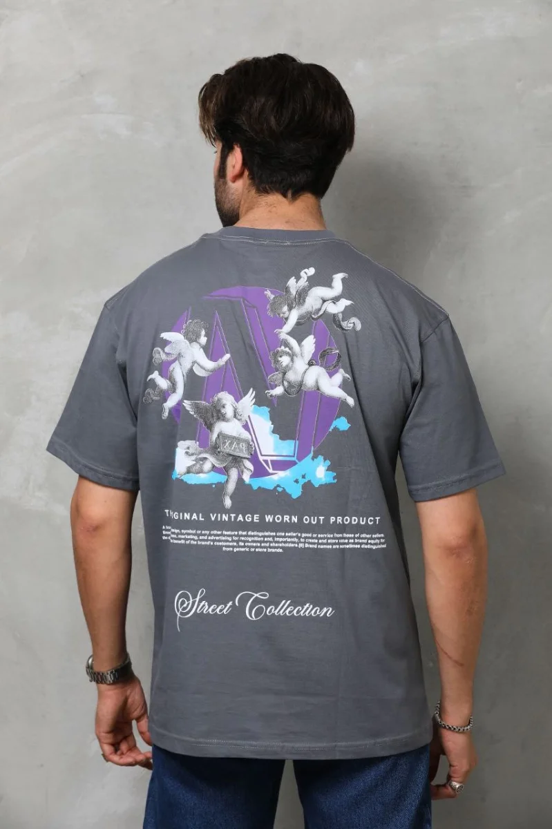 Bisiklet Yaka Baskılı Oversize T-Shirt - Füme