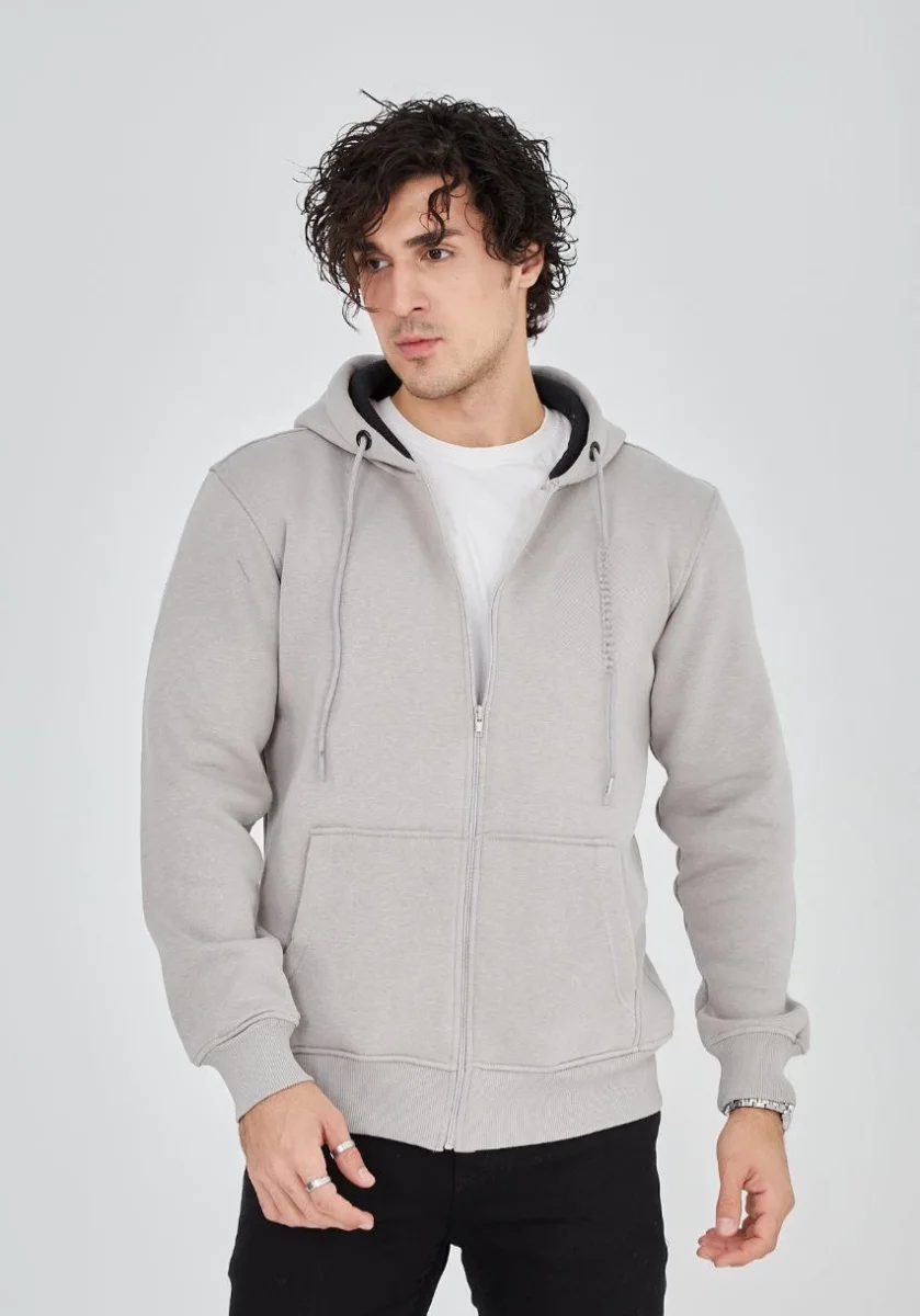 Tam Fermuarlı Kapşonlu  SweatShirt - Boyalı Gri
