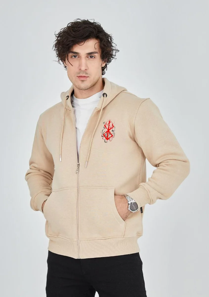 Baskılı Tam Fermuarlı Kapşonlu SweatShirt - Bej