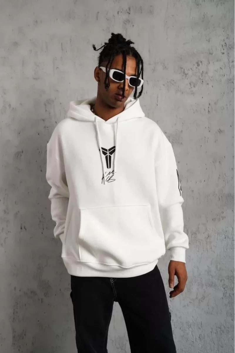 Sırt Baskılı Kapüşonlu Üç İplik Oversize Sweatshirt - Beyaz