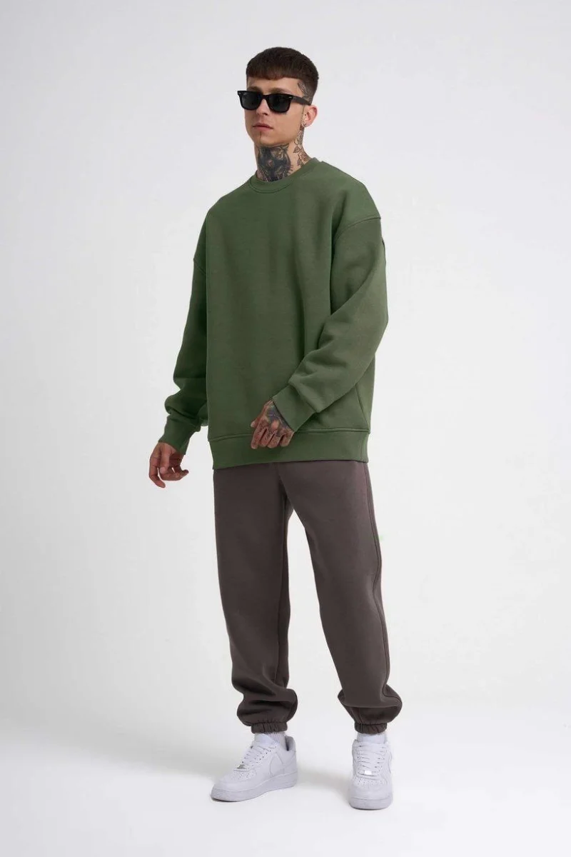 Biskilet Yaka Üç İplik SweatShirt - Haki