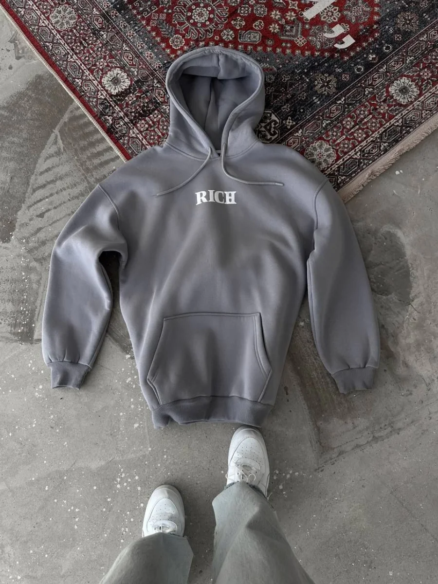 Uzun Kol Kapüşonlu Göğüs Baskılı SweatShirt - Gri