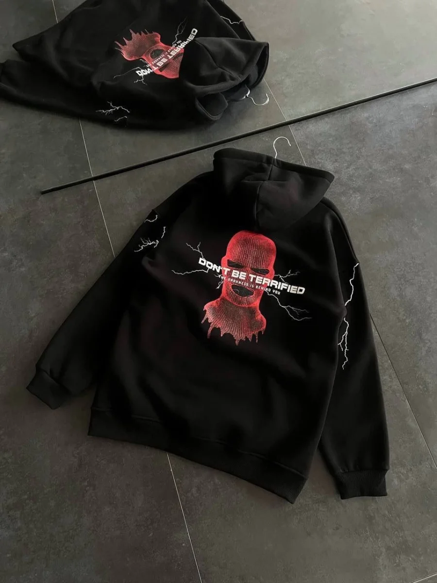 Üç İplik Kapüşonlu Baskılı Oversize SweatShirt- Siyah