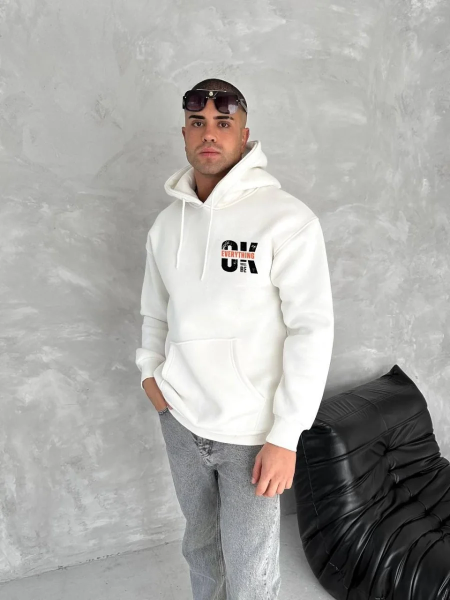 Oversize Üç İplik Kapüşonlu SweatShirt - Beyaz