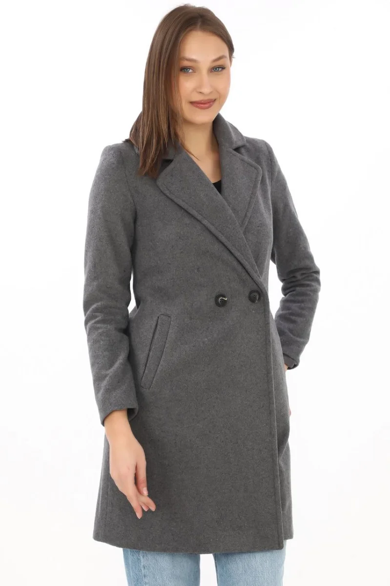 Düğmeli İçi Astarlı   Kaşmir Kaşe Kaban - Füme