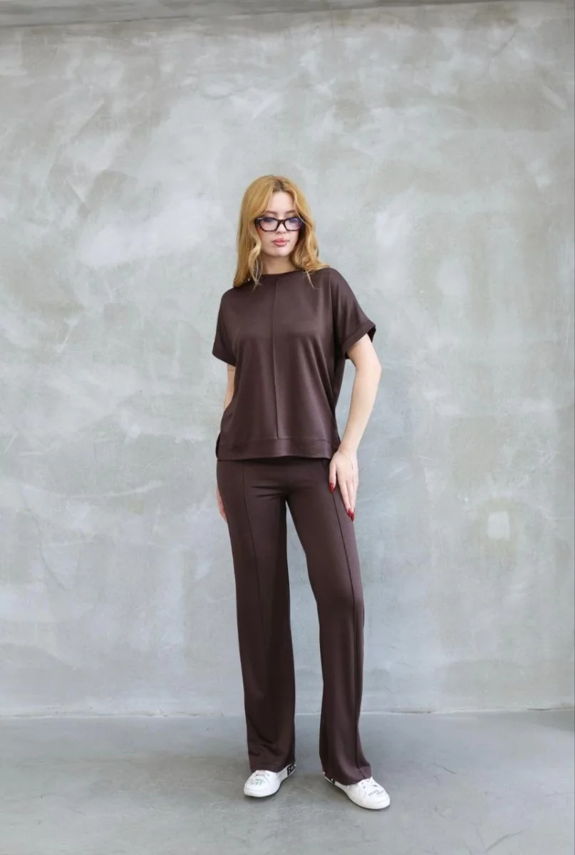 Osy Modal Yumuşak dokulu Kumaş Bisiklet Yaka Kısa Kollu Takım - Kahverengi