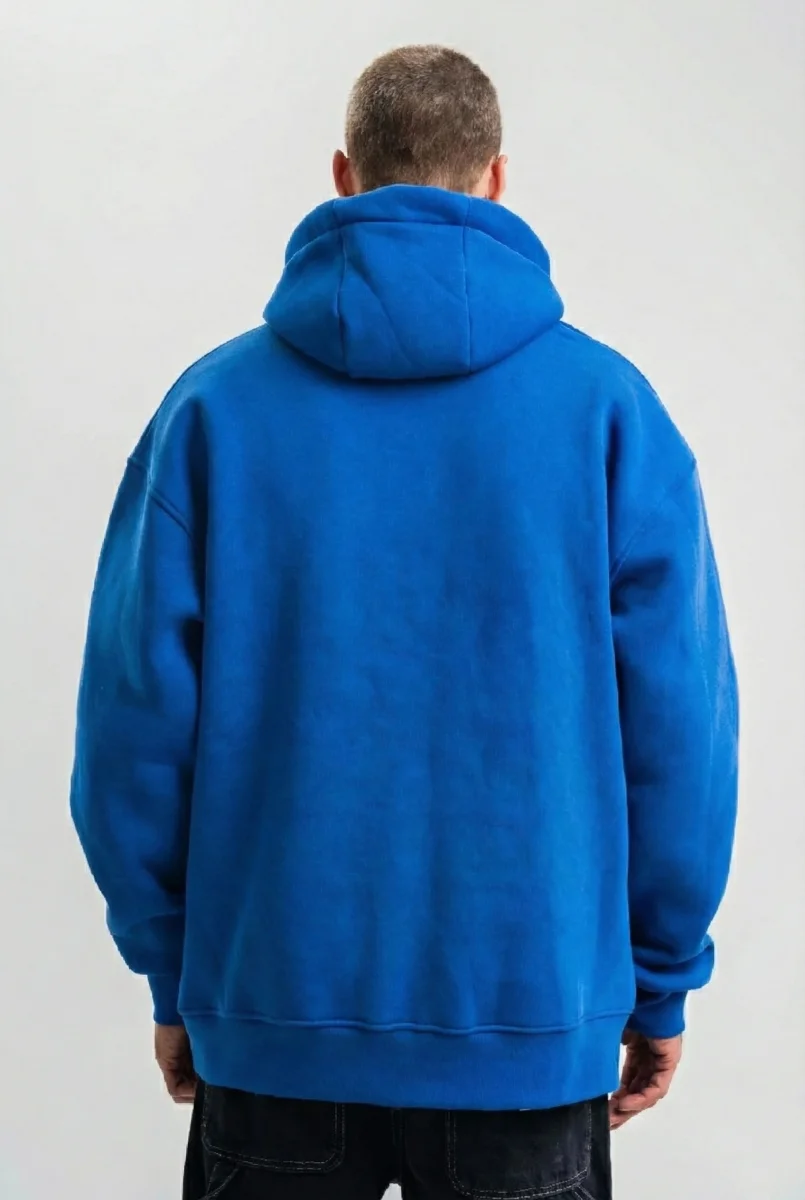 Saks Mavi Double Oversize 3 İplik Pamuklu Kapüşonlu Kanguru Cepli Sweatshirt Hoodie - Saks Mavi
