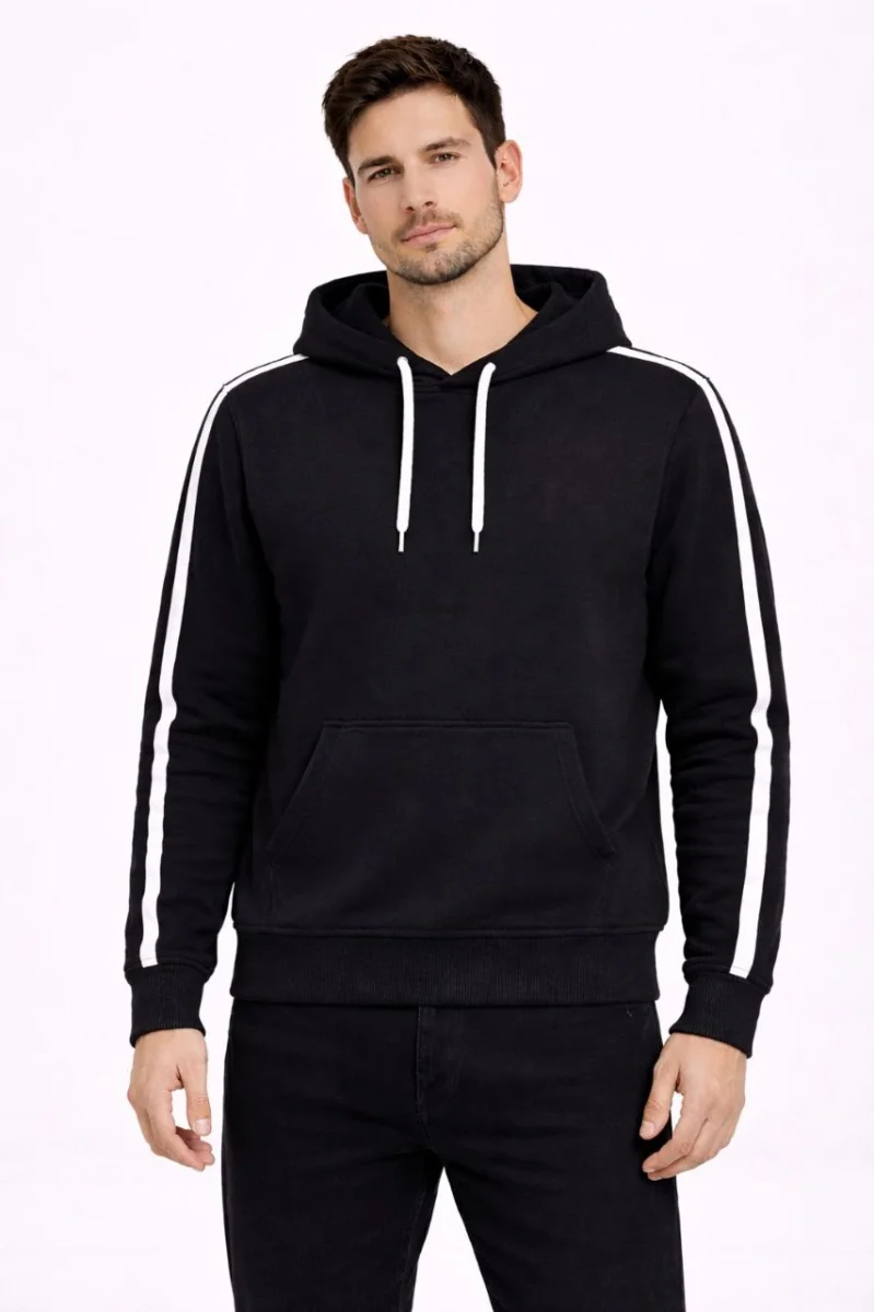 Erkek Şeritli Kapüşonlu Sweatshirt Oversize 3 iplik Pamuklu - Siyah