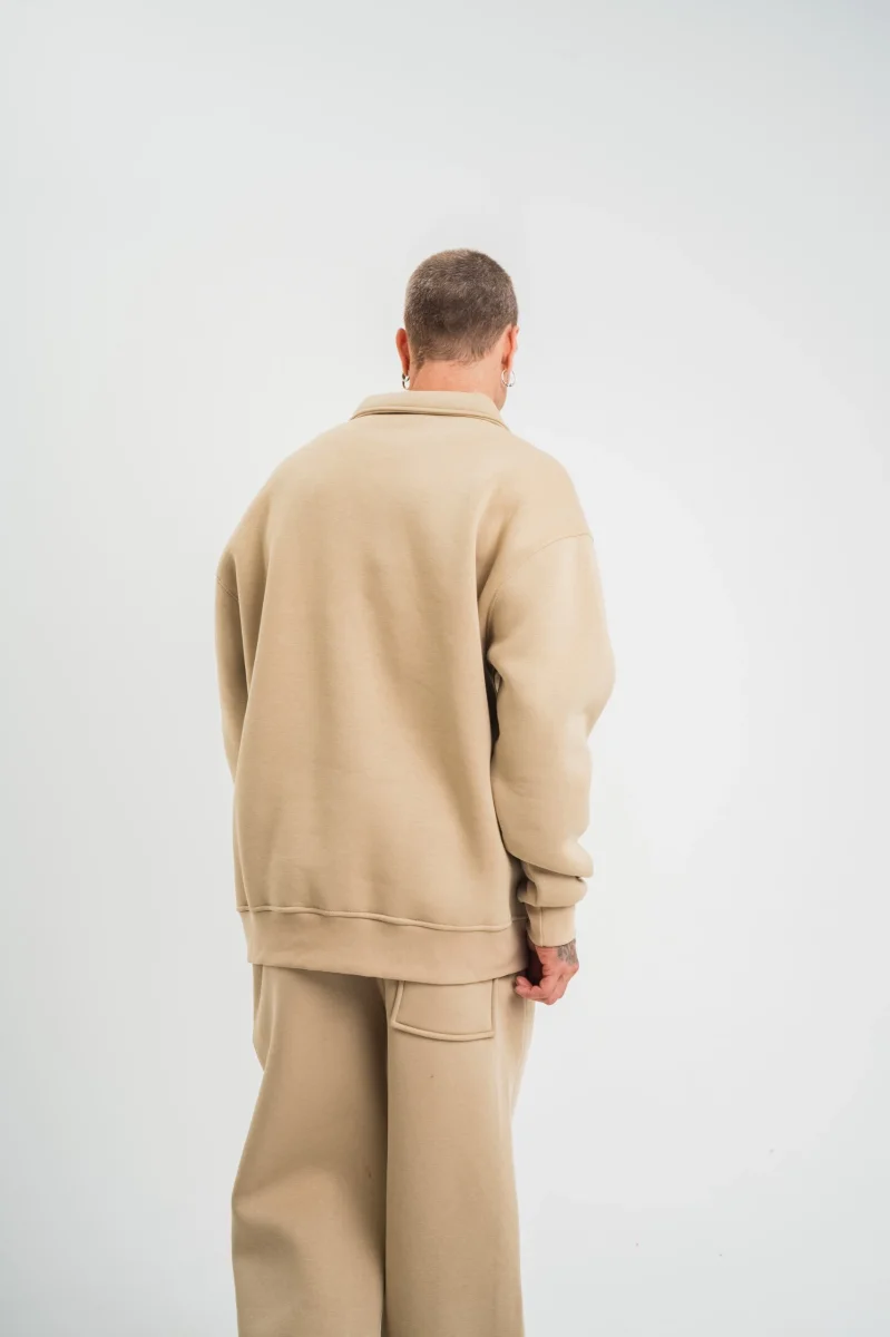 Erkek Patlı Yaka Üç İplik Pamuklu Sweatshirt Double Oversize Rahat Kalıp Günlük Kullanım – Bej