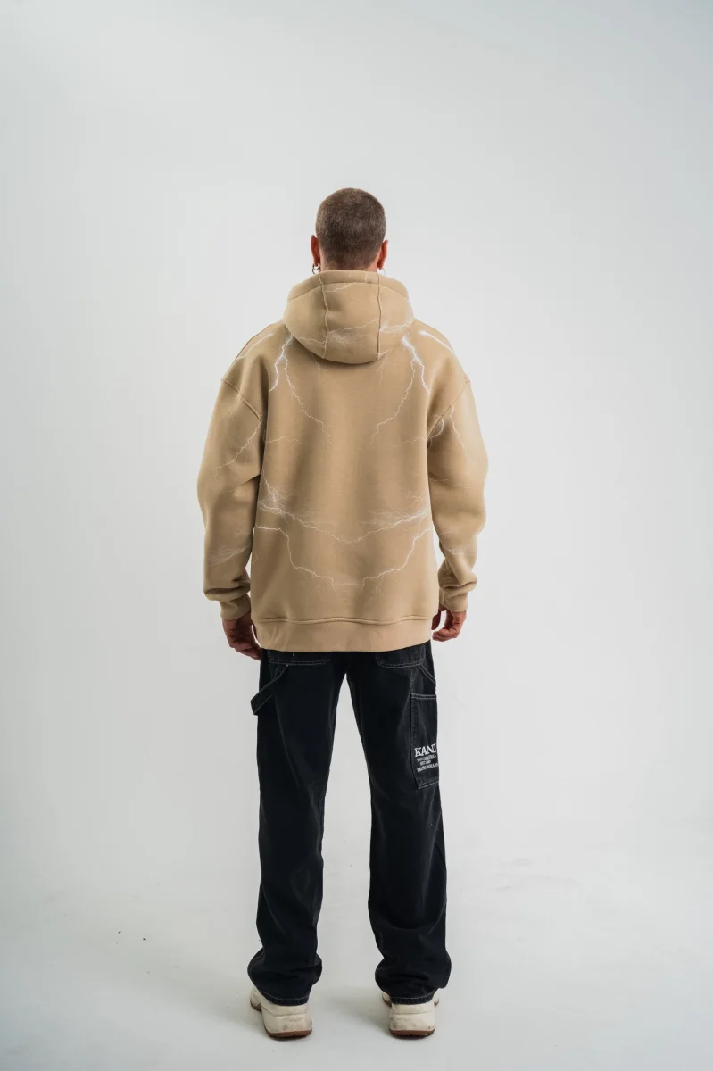Erkek Şimşek Baskılı Kapşonlu Sweatshirt Üç İplik Pamuklu Kanguru Cepli Double Oversize Hoodie - Bej