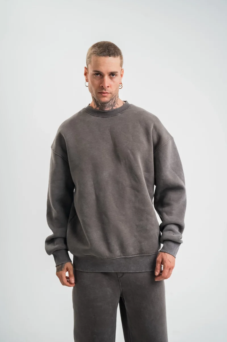 Erkek 3 İplik Pamuklu Yağ Yıkamalı Sweatshirt Double Oversize Bisiklet Yaka Uzun Kol - Füme