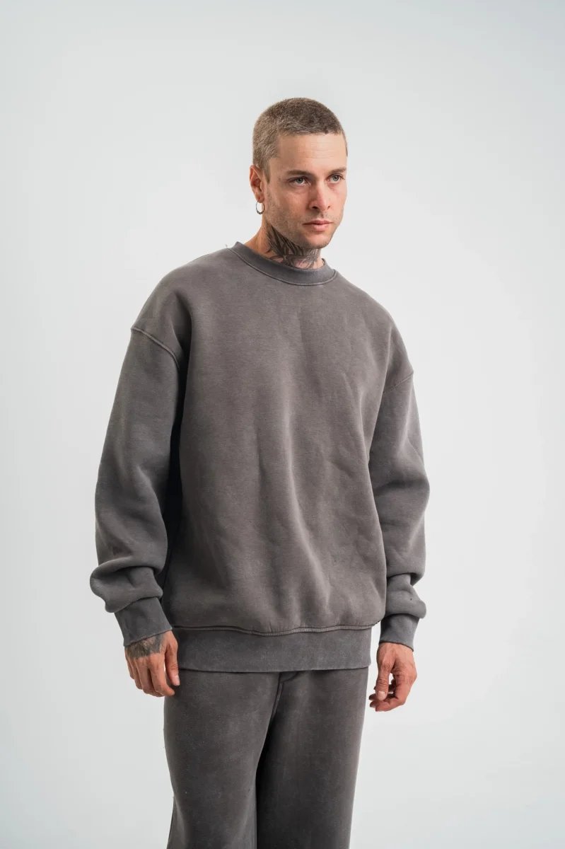 Erkek 3 İplik Pamuklu Yağ Yıkamalı Sweatshirt Double Oversize Bisiklet Yaka Uzun Kol - Füme