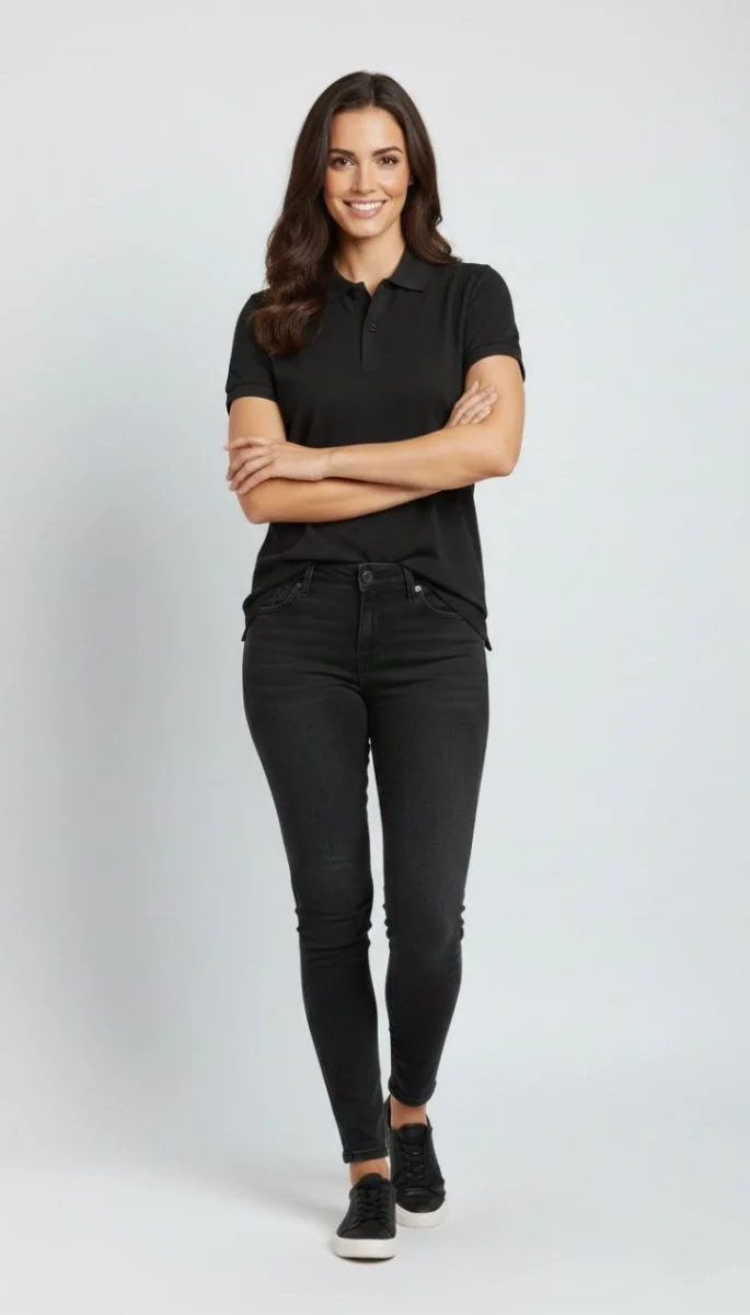 Kadın Pike Kumaş Düğmeli Yaka Regular Rahat Günlük Kısa kol Tişört T-shirt - Siyah