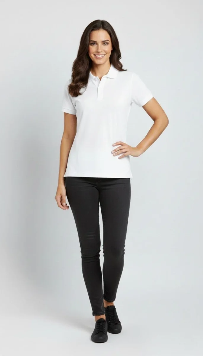 Kadın Pike Kumaş Düğmeli Yaka Regular Rahat Günlük Kısa kol Tişört T-shirt - Beyaz