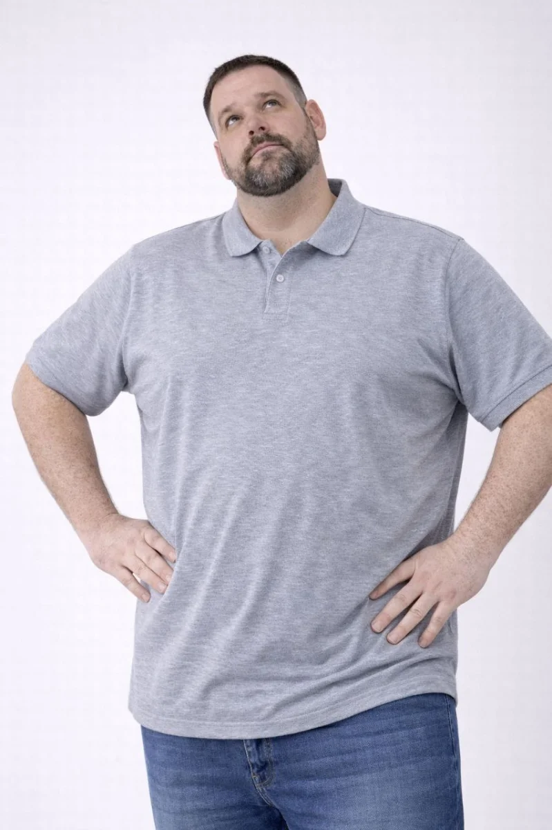 Erkek Pike Kumaş Düğmeli Yaka Battal Büyük Beden Günlük Kısa kol Tişört T-shirt - Gri