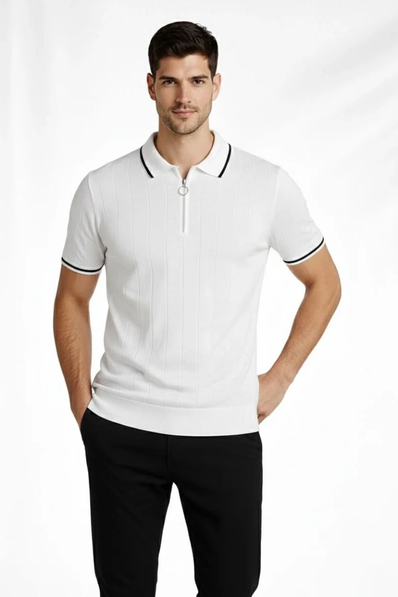Erkek Fermuarlı Yaka Fitilli Triko Kısa Kollu Regular Fit Tişört T-shirt - Beyaz